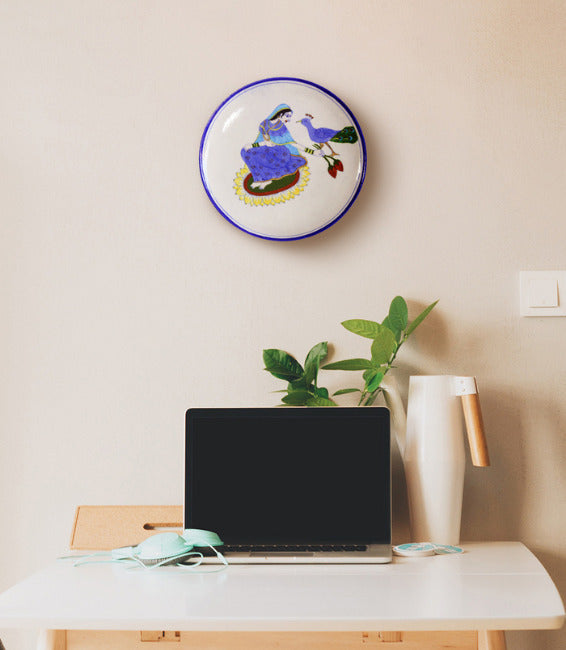 Blue Pottery Queen and Peacock Wall Plate - front view