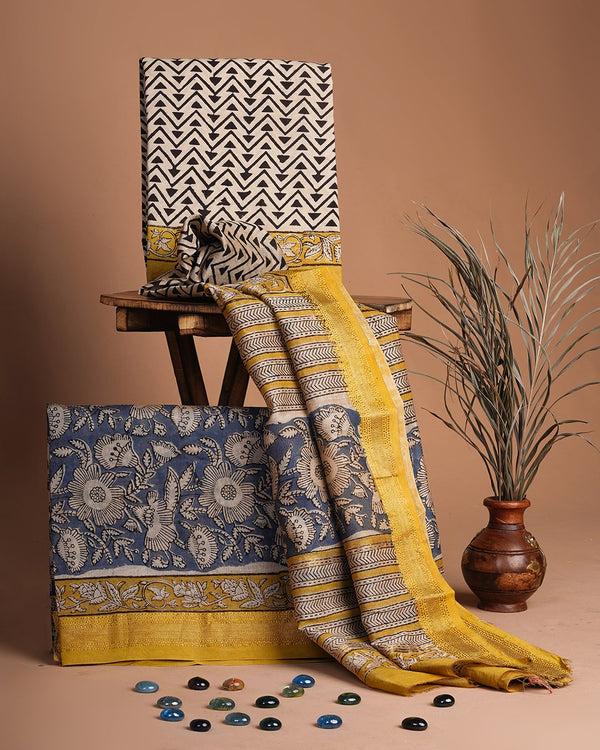 Bagru-printed Maheshwari silk suit set