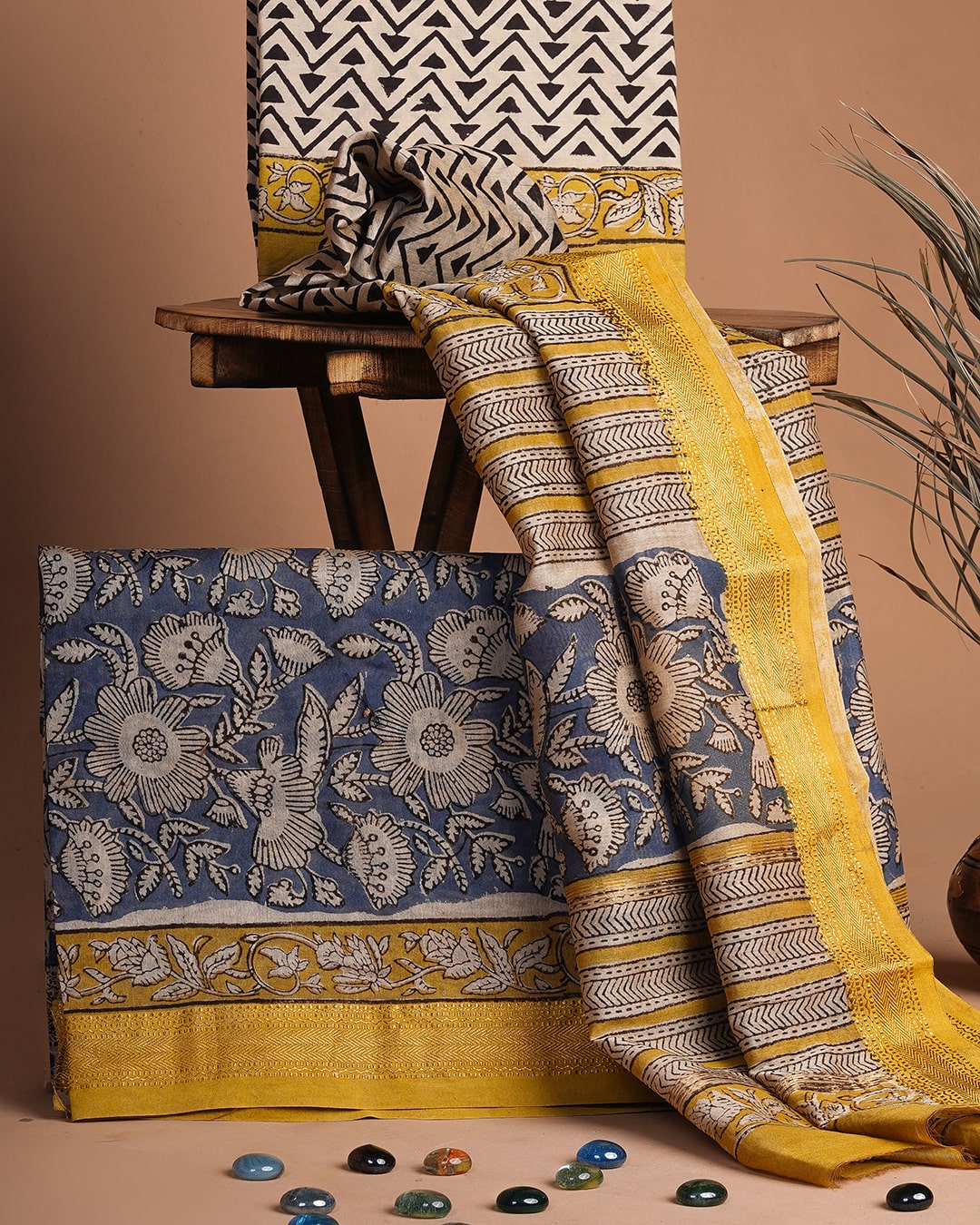 Bagru-printed Maheshwari silk suit set