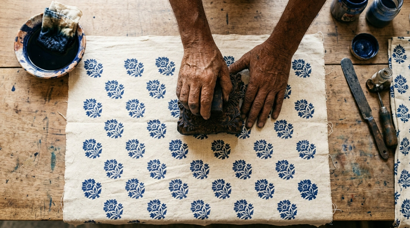 Bagru block-printer hand-stamping indigo dye onto cream cotton fabric