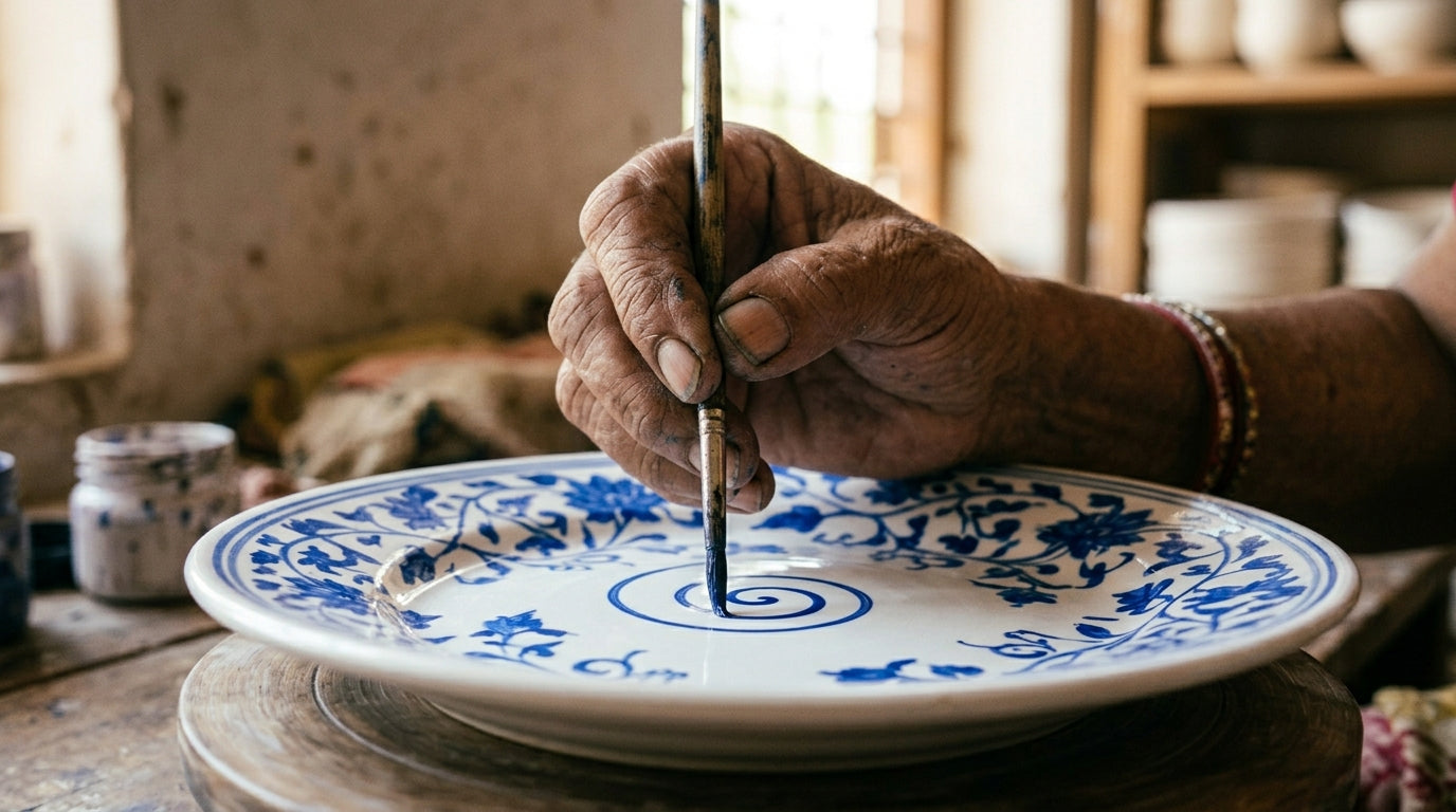 Artisan hand-painting cobalt blue patterns onto white-glazed Sanganer pottery