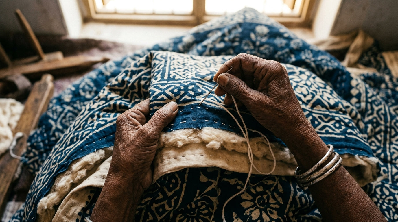 Hands hand-stitching an indigo block-printed cotton razai quilt