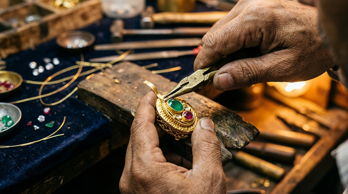 Jeweler setting emerald and ruby gemstones into 22-karat gold Kundan jewelry